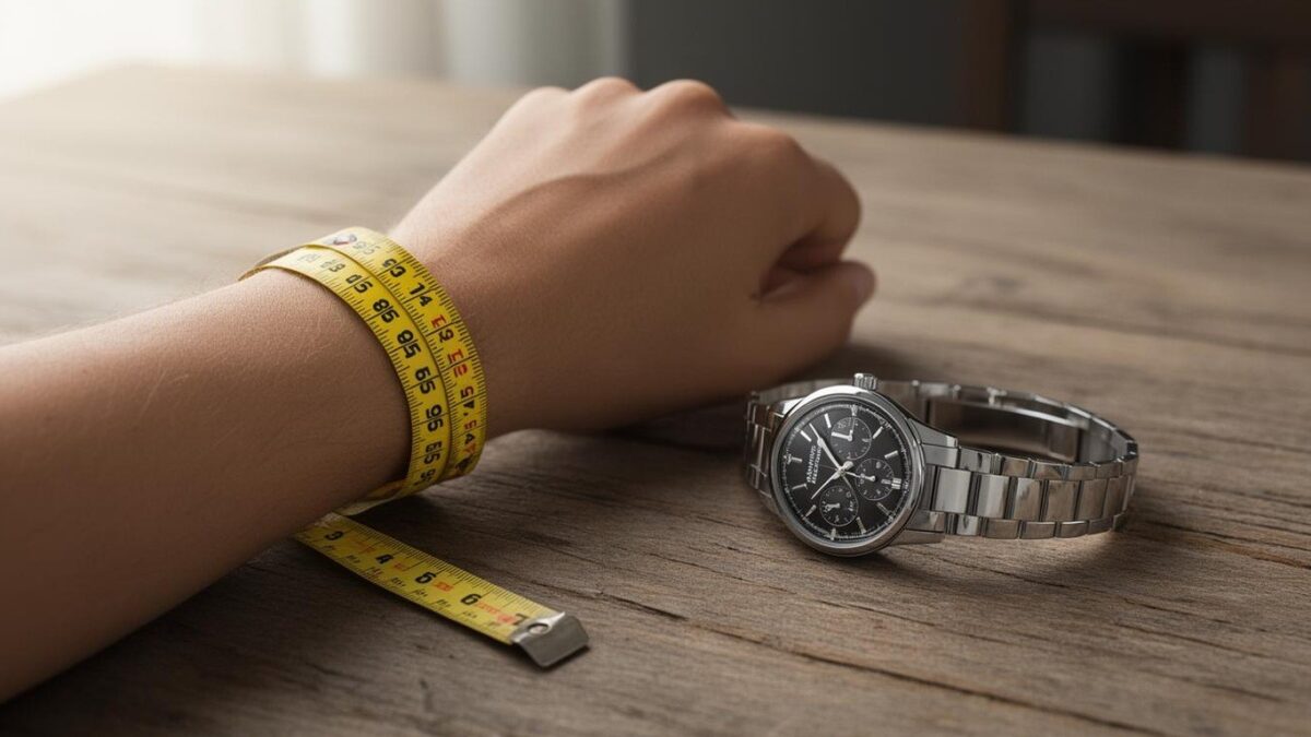A tape measure wrapped around a wrist beside a watch on a table