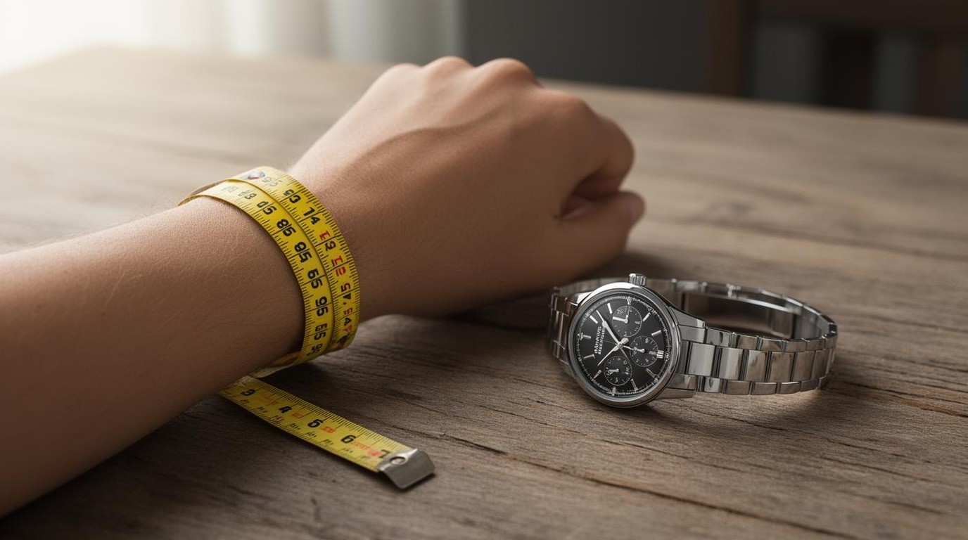 A tape measure wrapped around a wrist beside a watch on a table