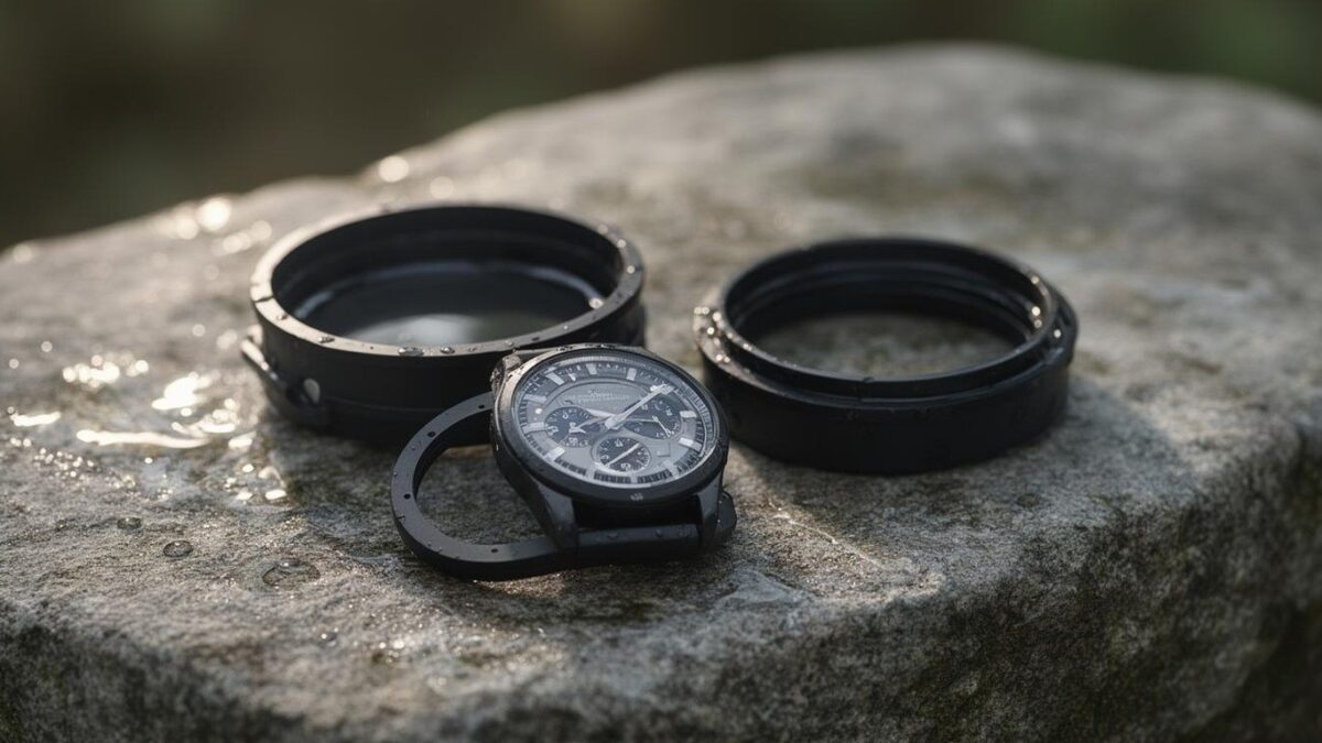 A watch case with a rubber gasket sitting on a wet stone