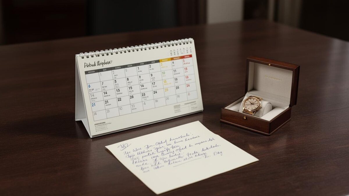 A calendar and a small watch box with a note beside a pen