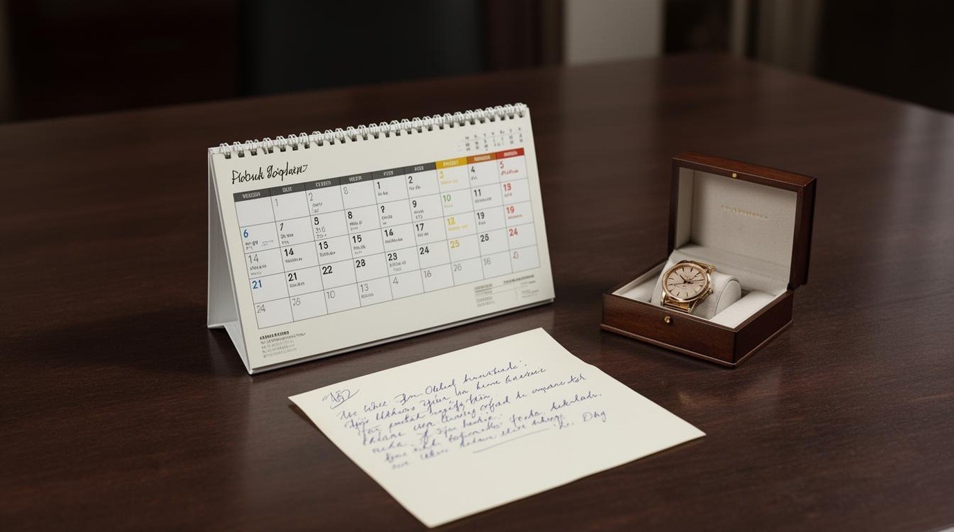 A calendar and a small watch box with a note beside a pen