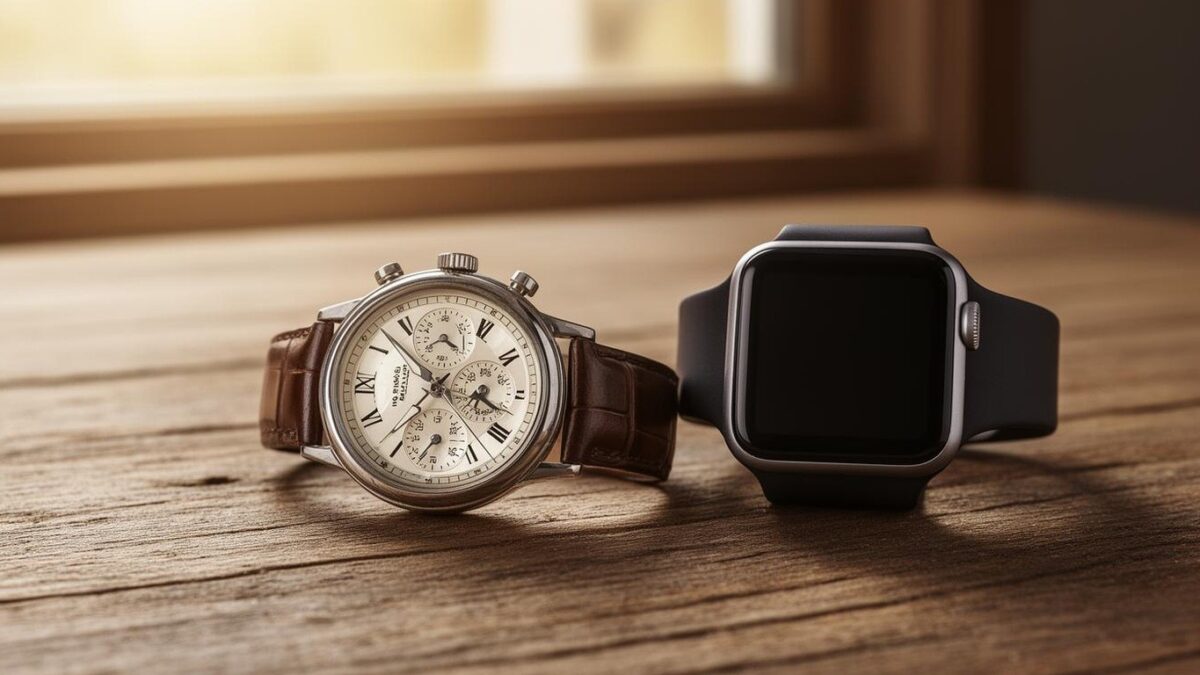 A classic wristwatch beside a smartwatch on a wooden surface